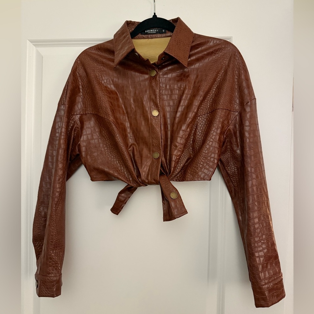 SHEIN Brown Snakeskin Leather Cropped Jacket with Tie-Front / Multiway Option